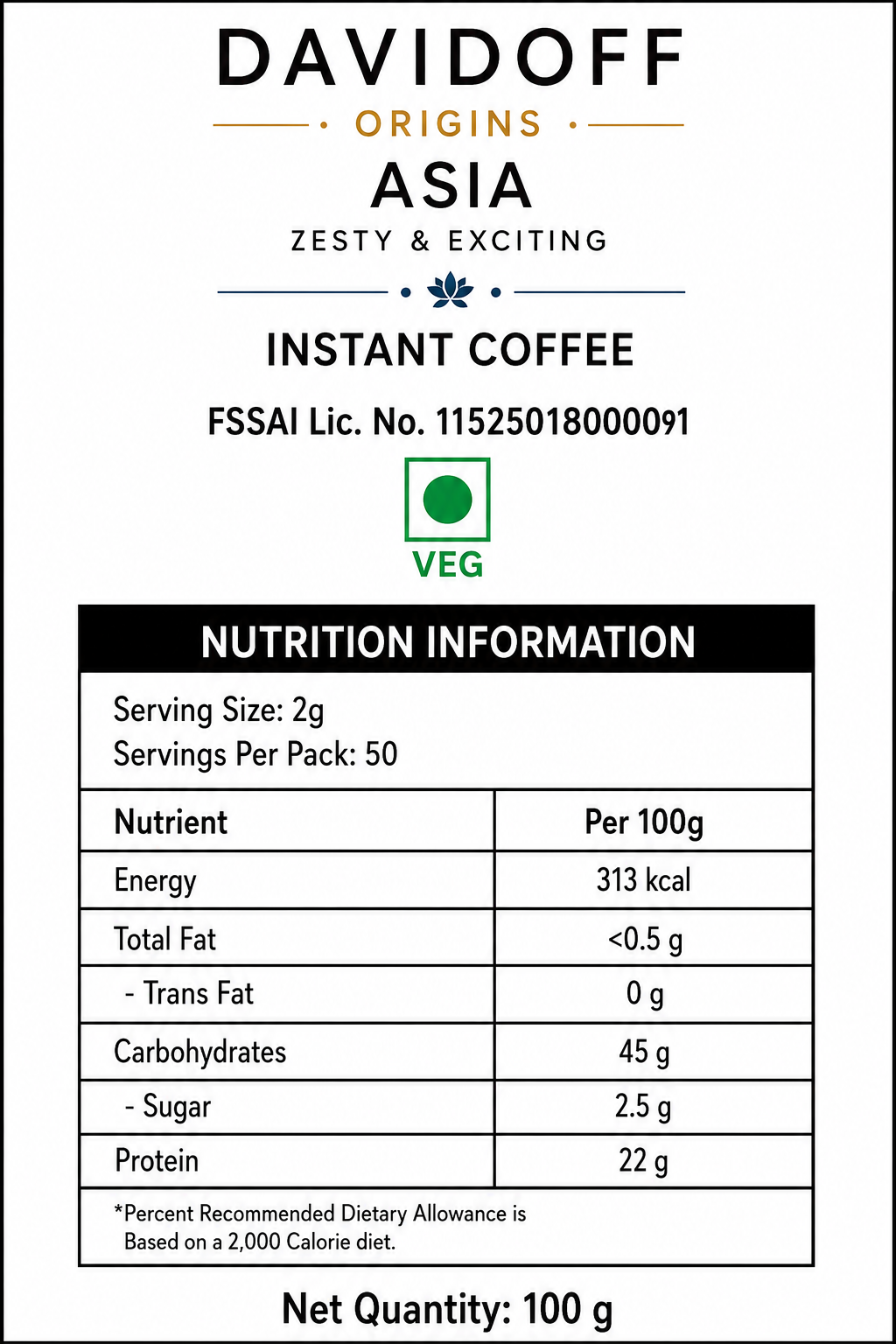 Davidoff Asia Instant Coffee 100gm Imported From USA - Nosh Products