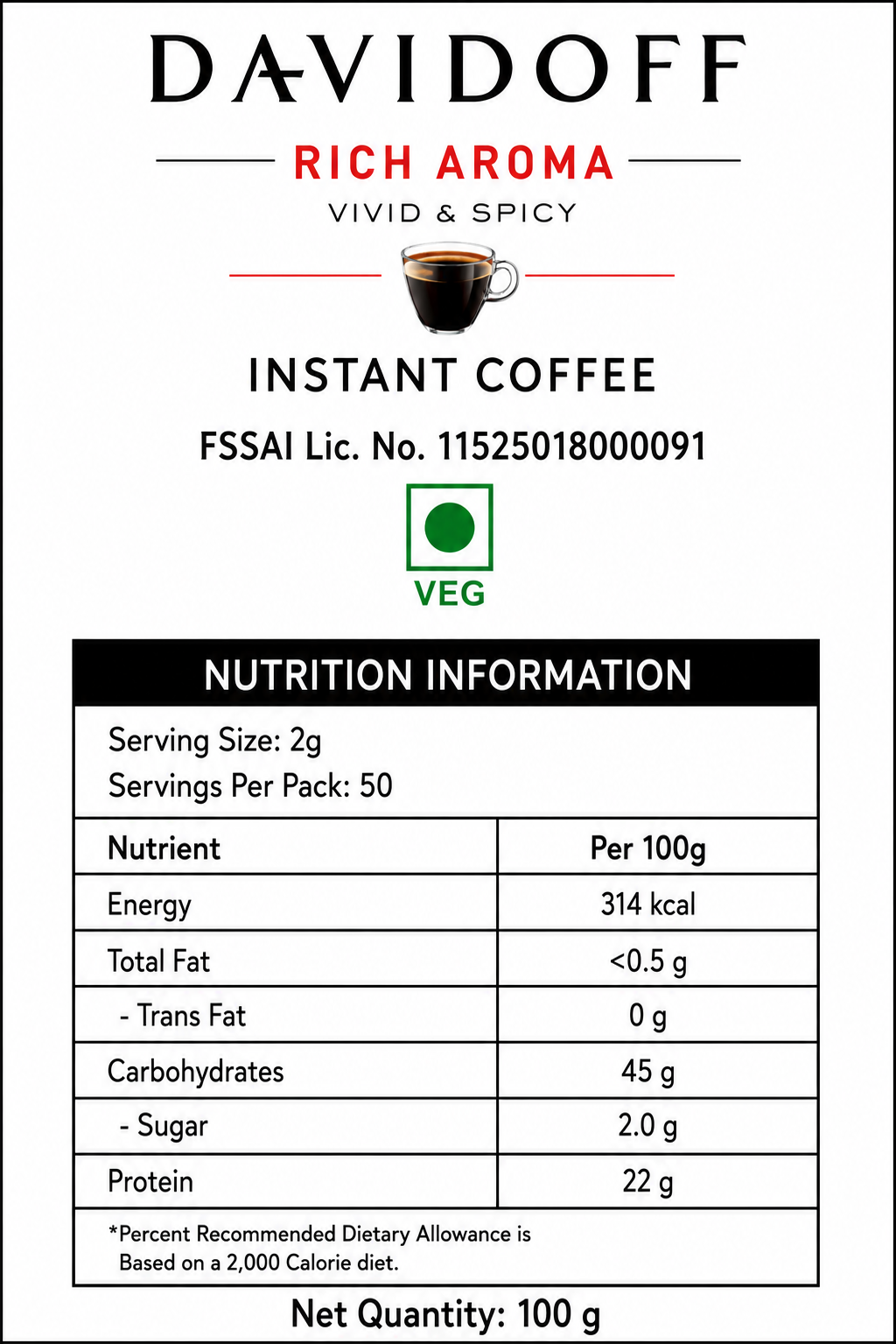 Davidoff Rich Aroma Instant Coffee 100gm Imported From USA - Nosh Products