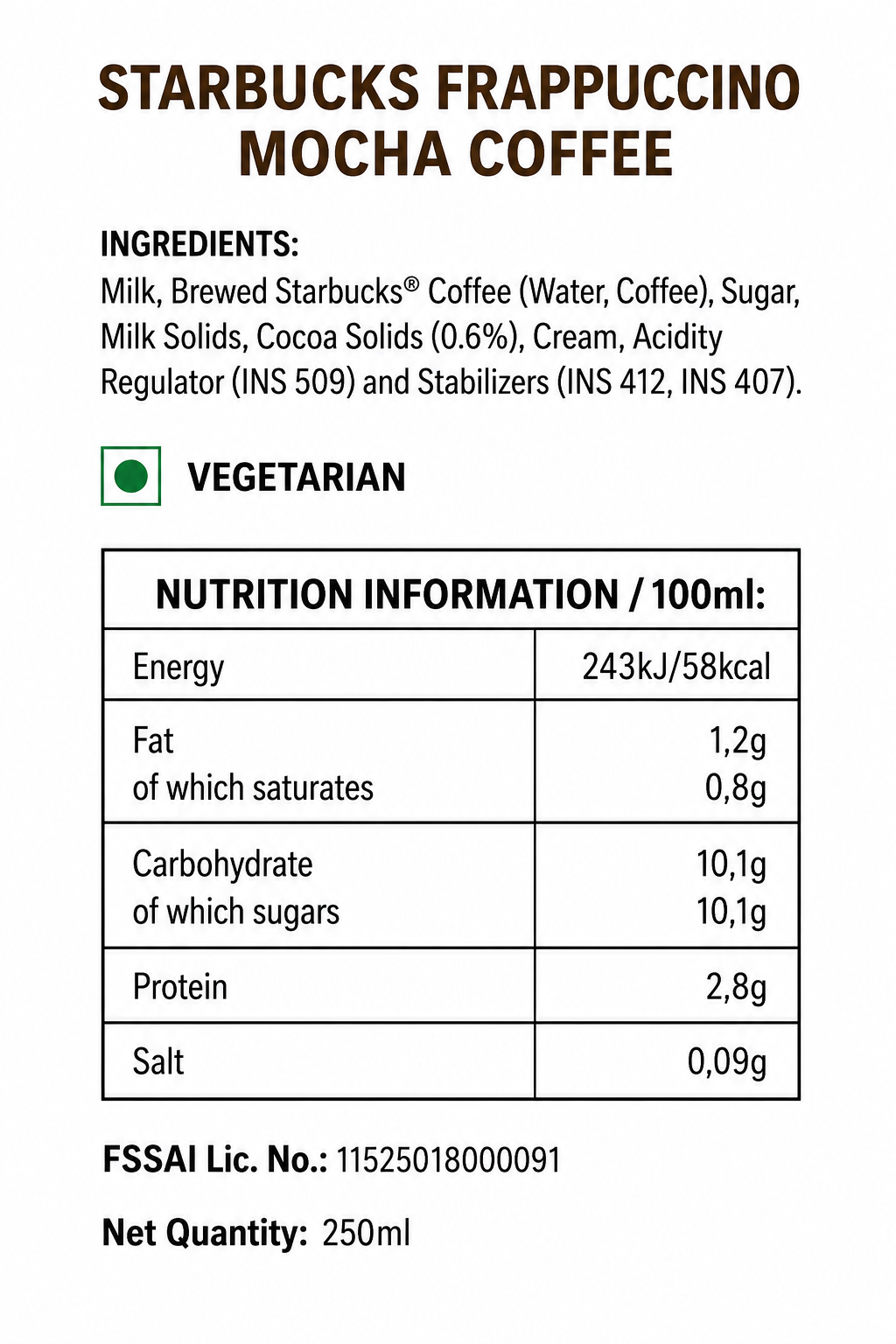 Starbucks Frappuccino Mocha Coffee 250ml Imported From USA - Nosh Products