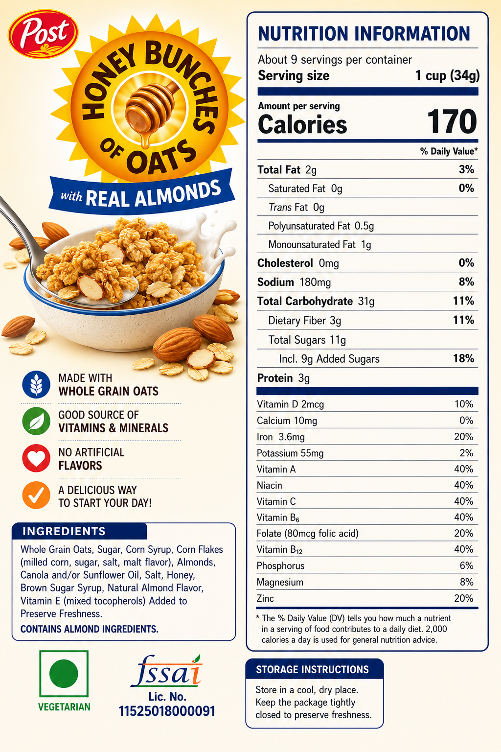Post Honey Bunch Of Oats With Real Almonds Cereal 340gm Imported From USA - Nosh Products