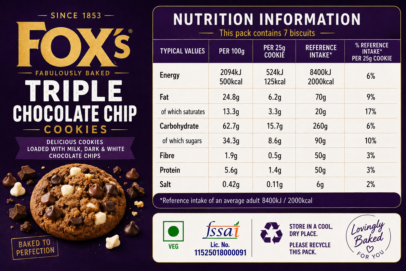 Fox Triple Chocolate Chip Cookies 180gm Imported From UK - Nosh Products