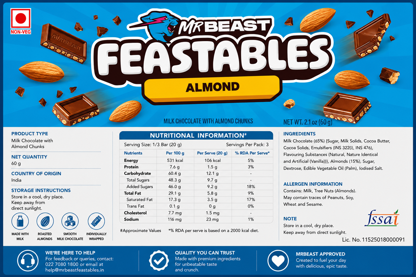 Feastables Almond Chocolate 60gm Imported From USA - Nosh Products