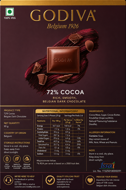 Godiva 72% Dark Chocolate 90gm Imported From Switzerland - Nosh Products
