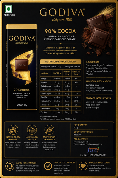 Godiva 90% Dark Chocolate 90gm Imported From Switzerland - Nosh Products