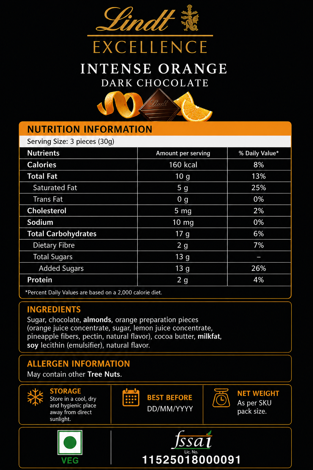 Lindt Excellence Orange Dark Chocolate 100gm Global Import - Nosh Products