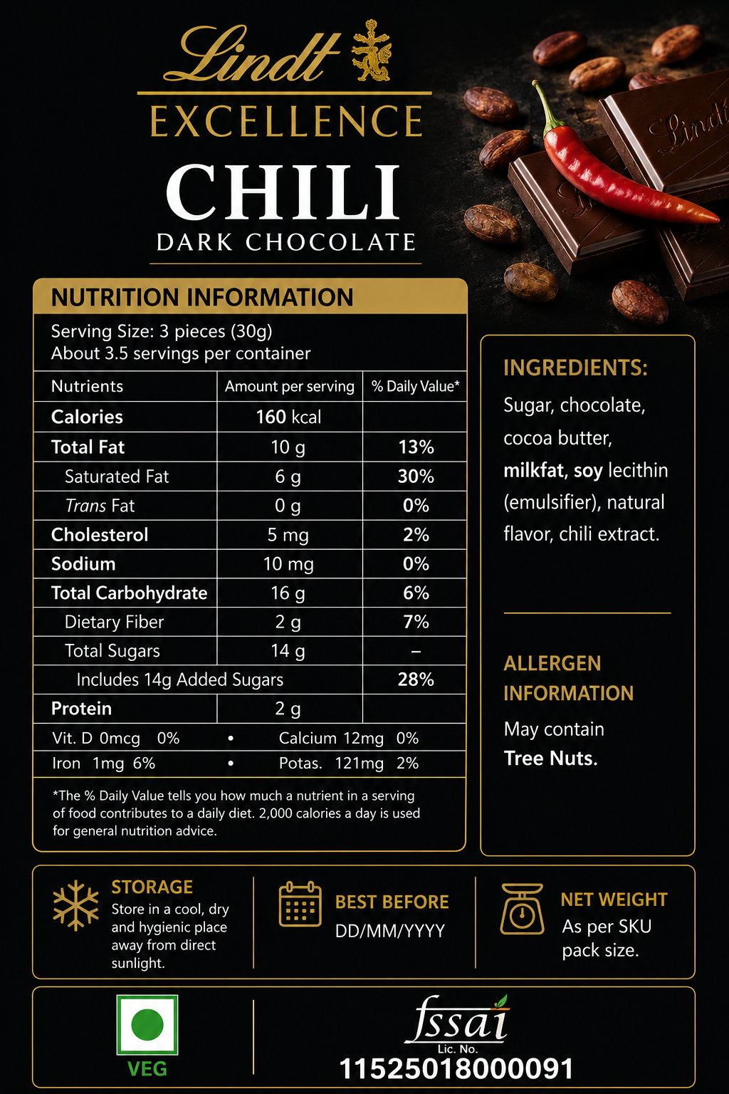 Lindt Excellence Chilli Dark Chocolate 100gm Global Import - Nosh Products