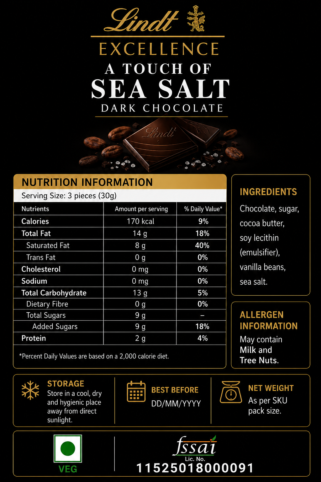 Lindt Excellence Dark Chocolate Touch Of Sea Salt 100gm Global Import - Nosh Products