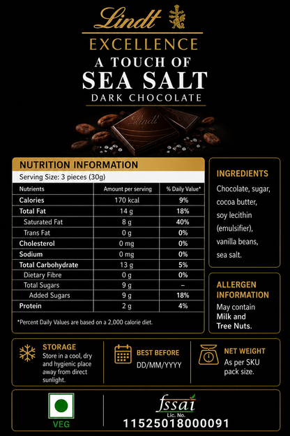 Lindt Excellence Dark Chocolate Touch Of Sea Salt 100gm Global Import - Nosh Products
