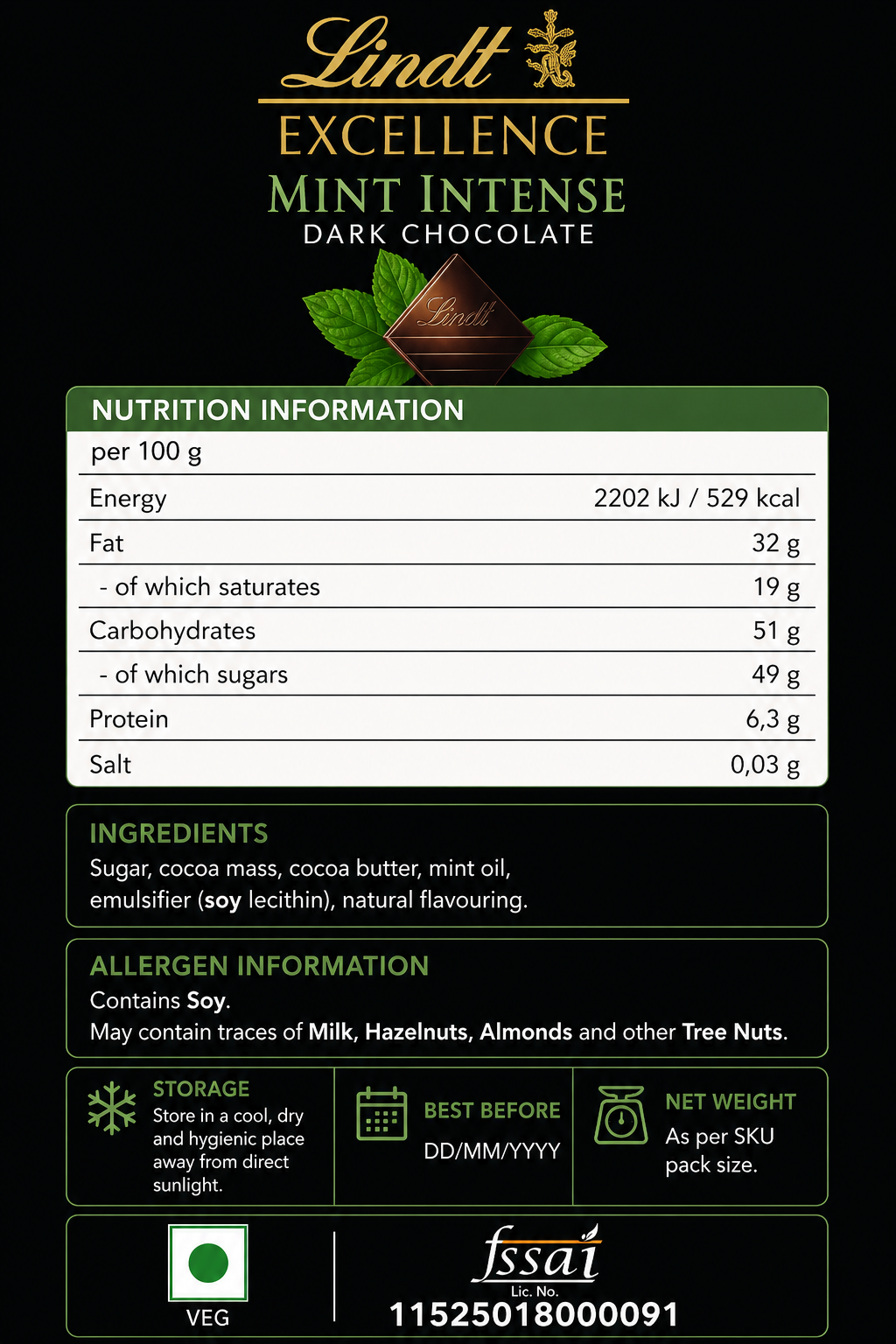 Lindt Excellence Mint Dark Chocolate 100gm Global Import - Nosh Products