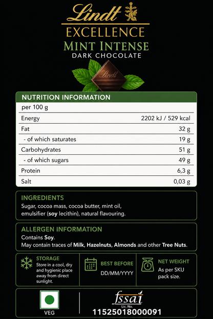 Lindt Excellence Mint Dark Chocolate 100gm Global Import - Nosh Products