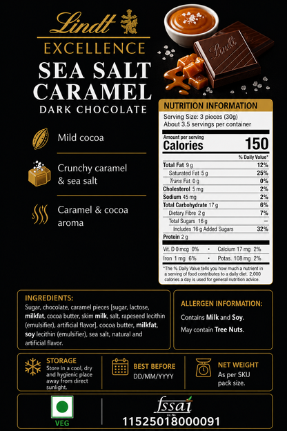 Lindt Excellence Caramel With A Touch Of Sea Salt Dark Chocolate 100gm Global Import - Nosh Products