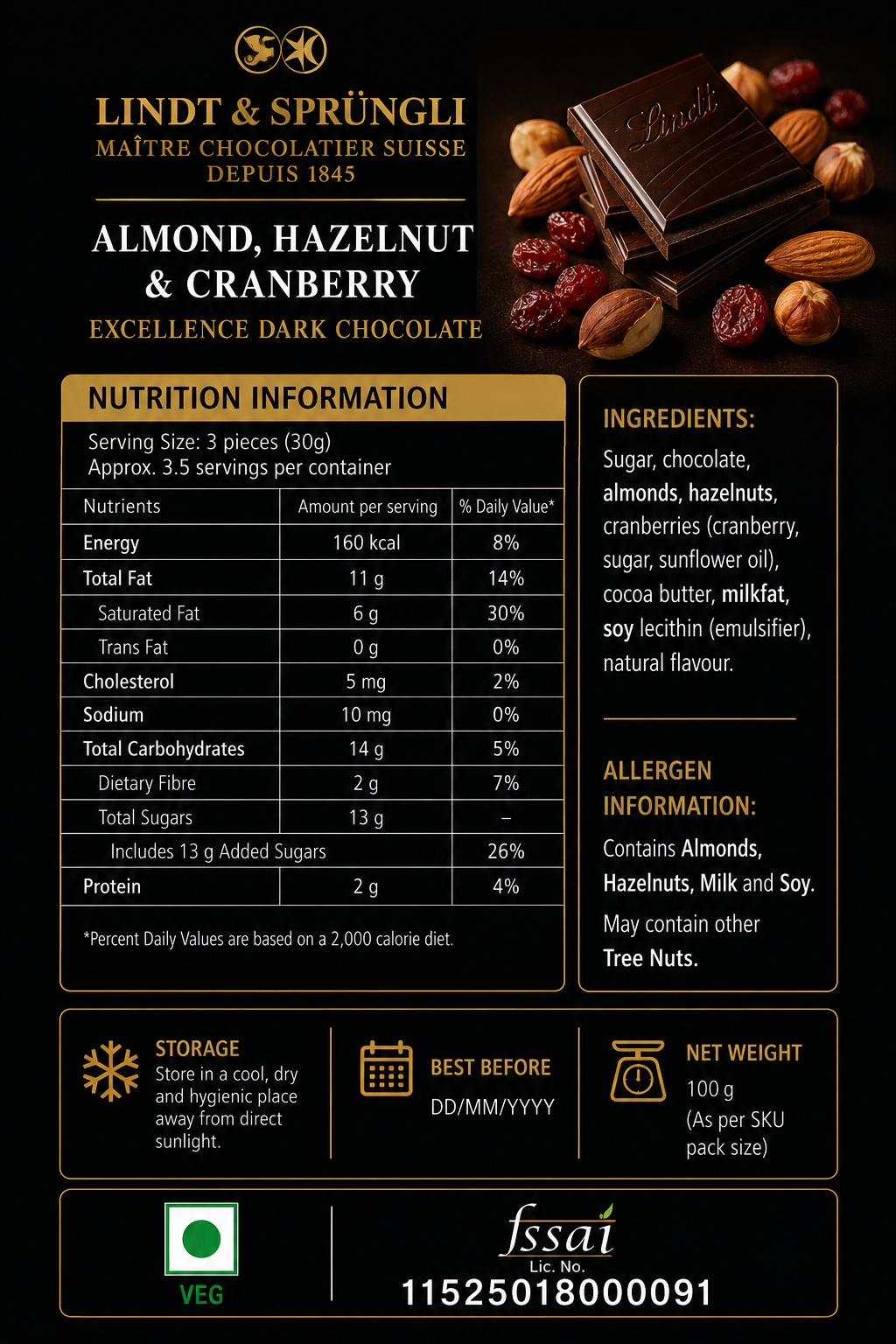Lindt Excellence Almond,Hazelnut And Cranberry Dark Chocolate 100gm Global Import - Nosh Products
