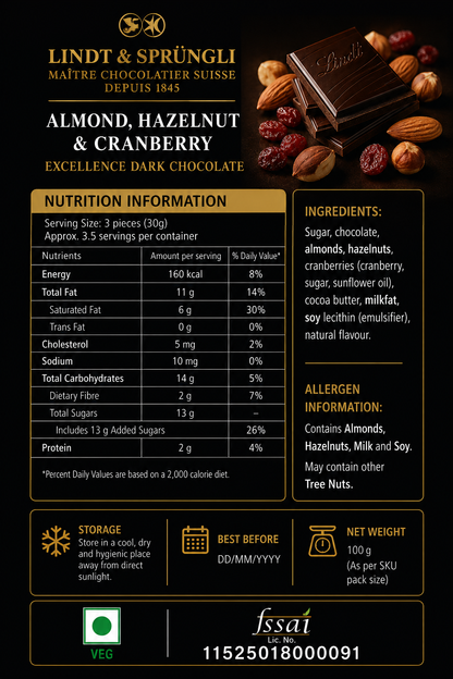 Lindt Excellence Almond,Hazelnut And Cranberry Dark Chocolate 100gm Global Import - Nosh Products