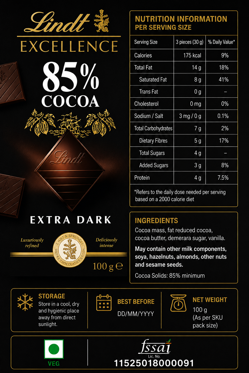 Lindt Excellence 85% Dark Chocolate 100gm Global Import - Nosh Products