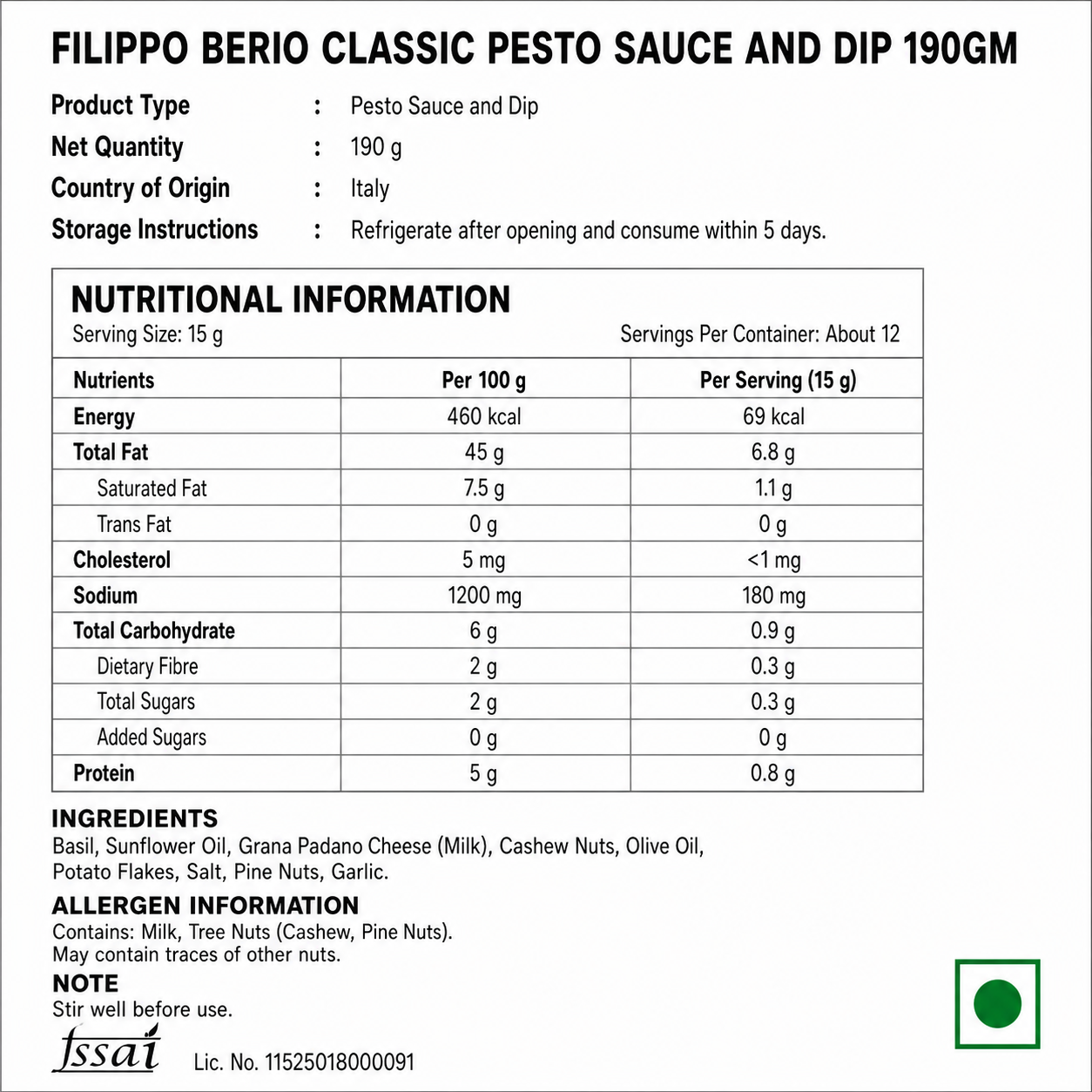 Fillipo Berrio Classic Pesto Sauce And Dip 190gm - Nosh Products