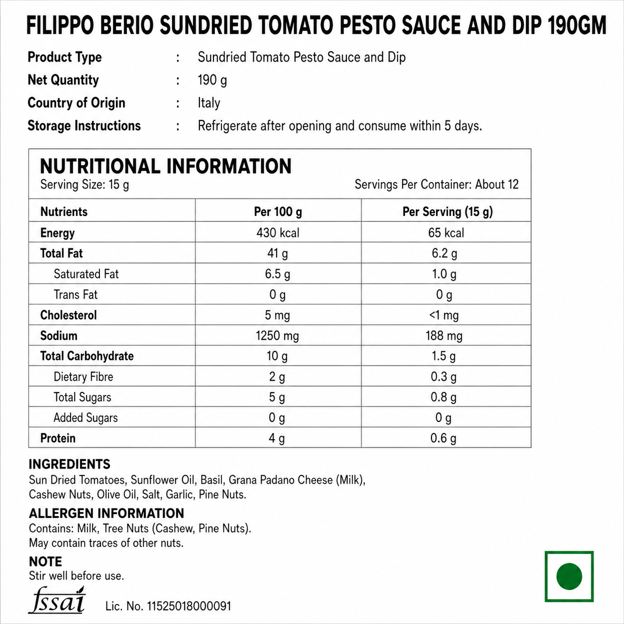 Fillipo Berrio Sundried Tomato Pesto Sauce And Dip 190gm - Nosh Products