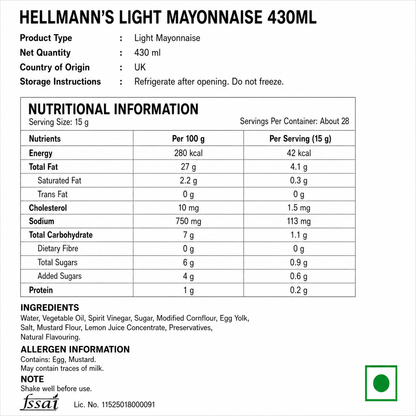 Hellmann's Light Mayonnaise 430ml - Nosh Products