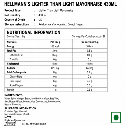 Hellmann's Lighter Than Light Mayonnaise 430ml - Nosh Products