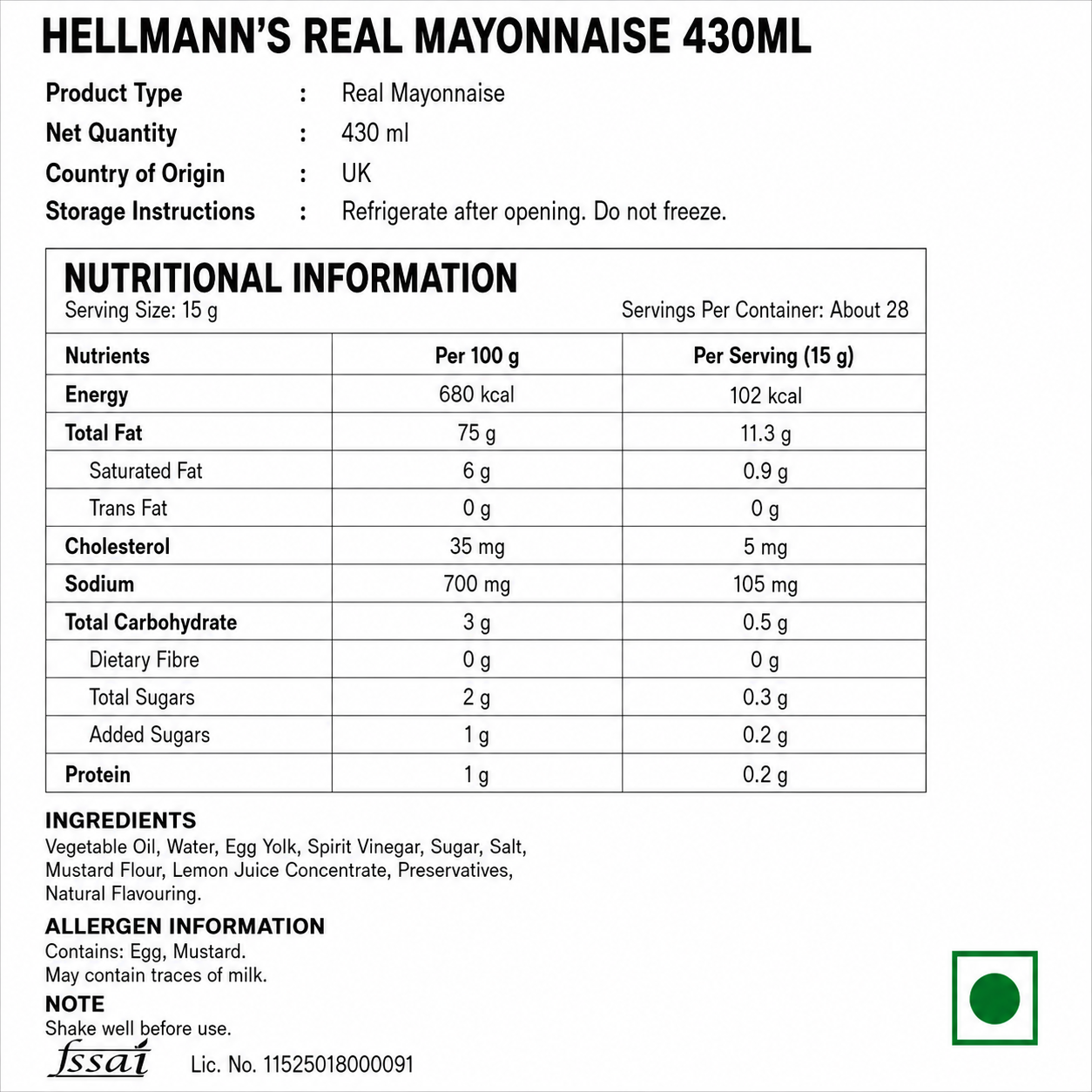 Hellmann's Real Mayonnaise 430ml - Nosh Products