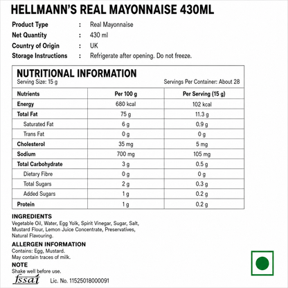 Hellmann's Real Mayonnaise 430ml - Nosh Products