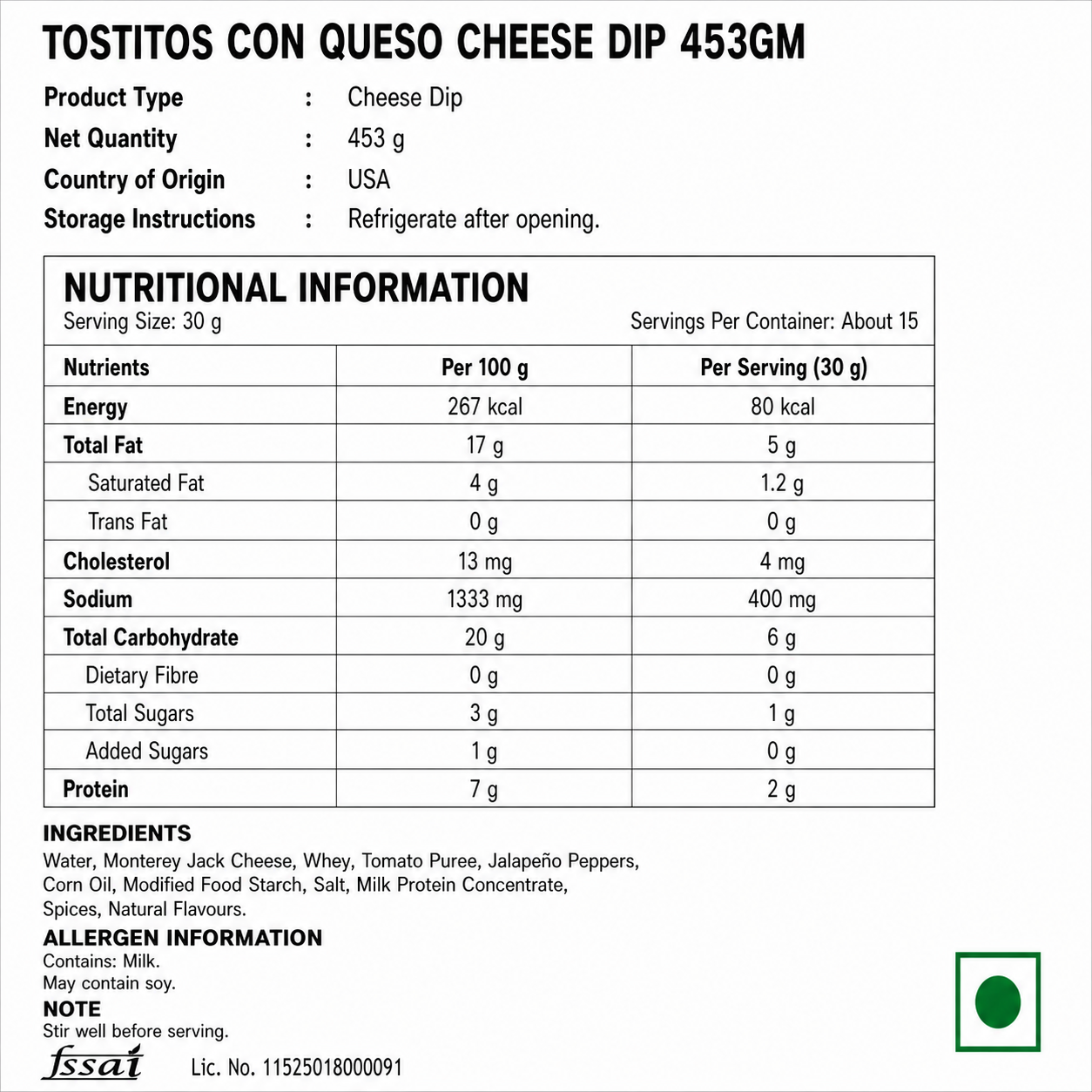 Tostitos Con Queso Cheese Dip 453gm - Nosh Products