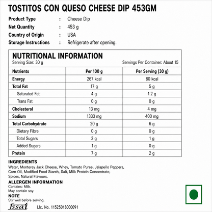 Tostitos Con Queso Cheese Dip 453gm - Nosh Products