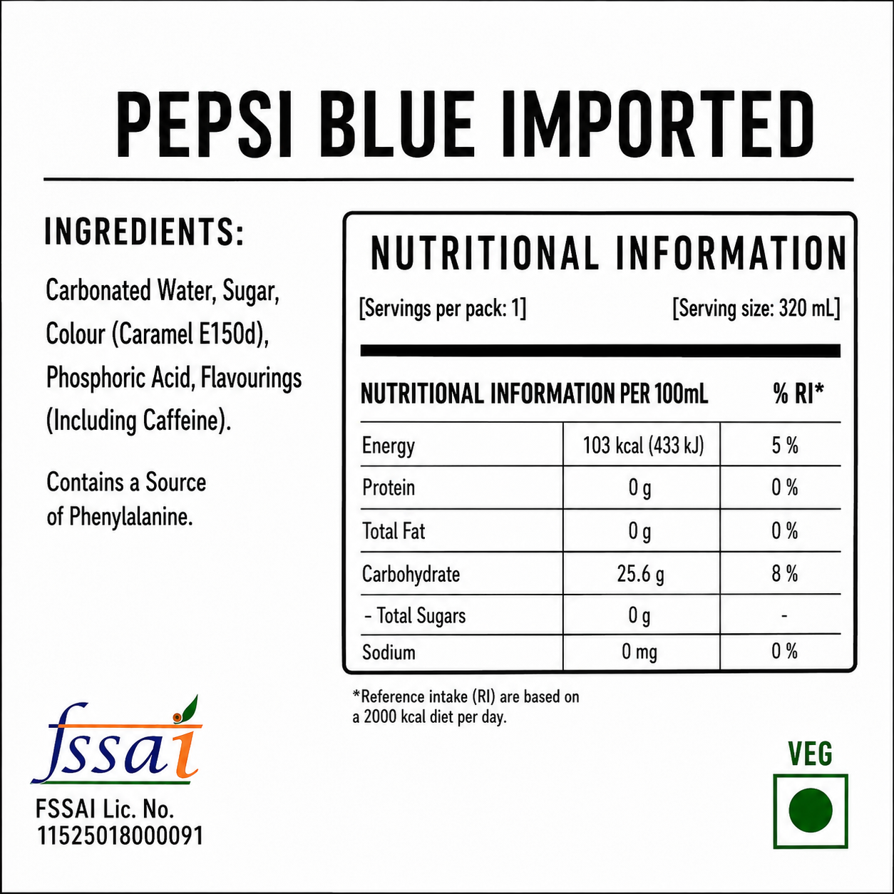 Pepsi Blue Soda 320ml Global Import - Nosh Products