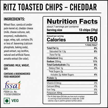 Ritz Toasted Chips Cheddar 229gm Imported From USA - Nosh Products