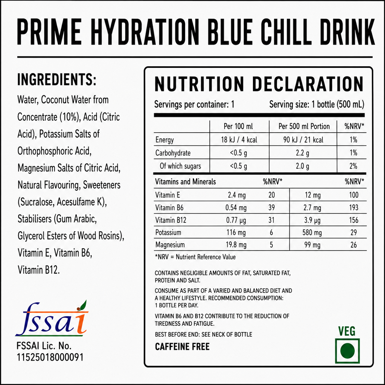 Prime Hydration Blue Chill Drink 500ml Imported From USA