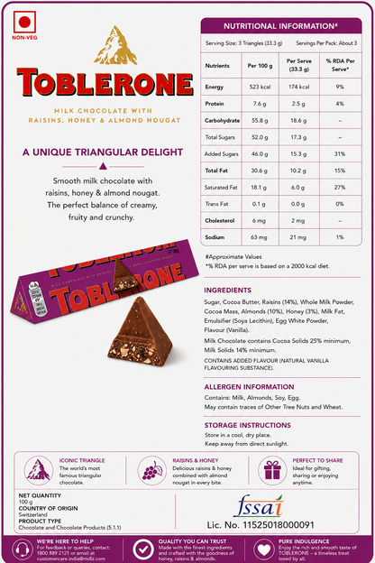Toblerone Fruit And Nut Chocolate 100gm Imported From Switzerland