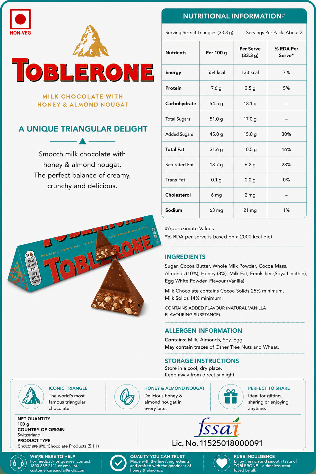 Toblerone Crunchy Almond Chocolate 100gm Imported From Switzerland