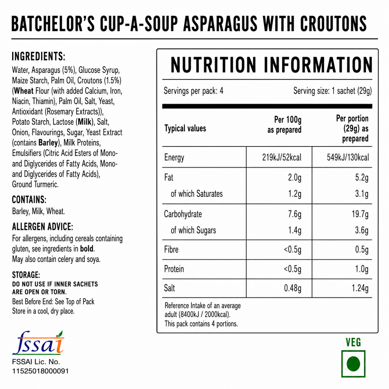 Batchelor's Cup-A-Soup Asparagus With Croutons (4 Cups)Imported From UK - Nosh Products