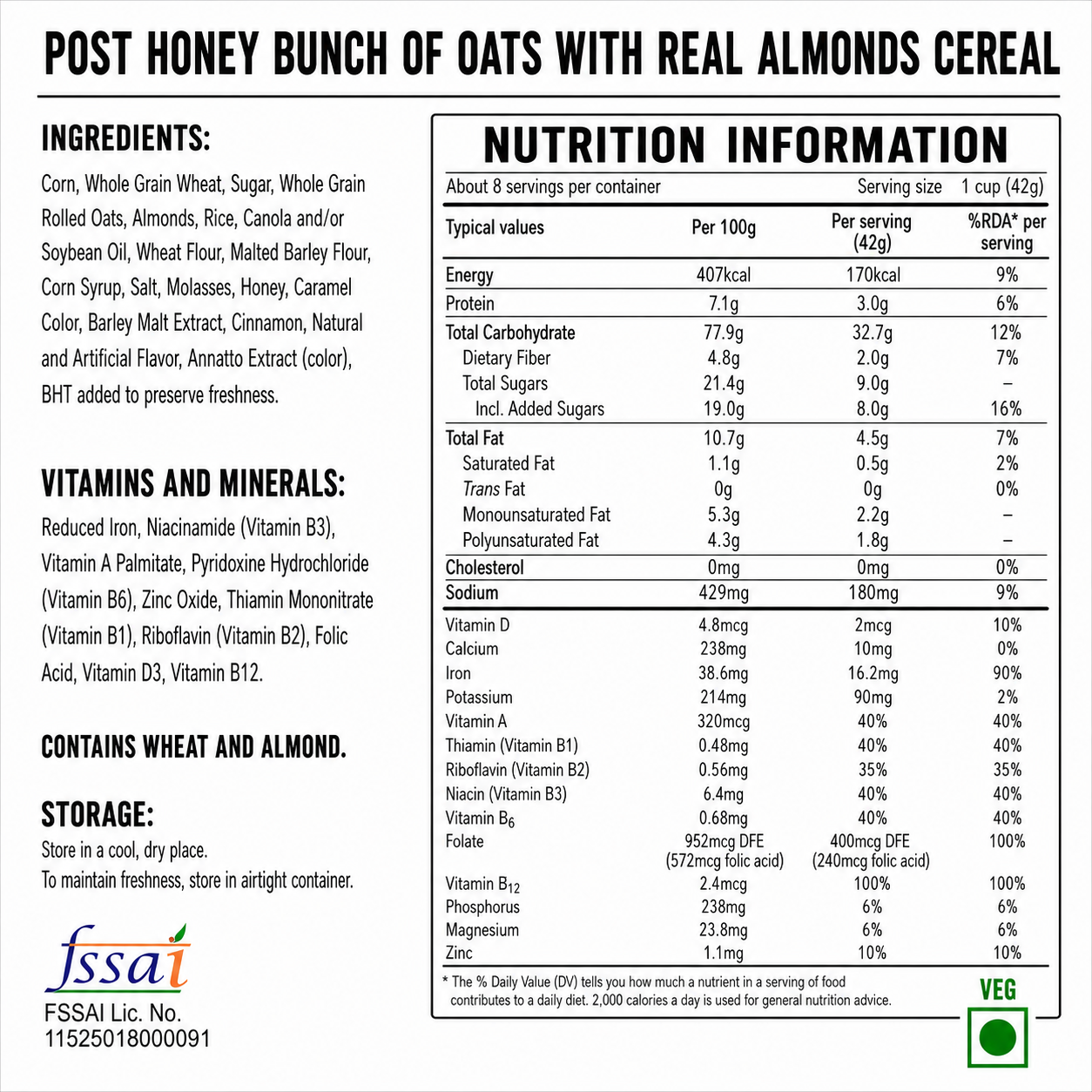 Post Honey Bunch Of Oats With Real Almonds Cereal 340gm Imported From USA - Nosh Products