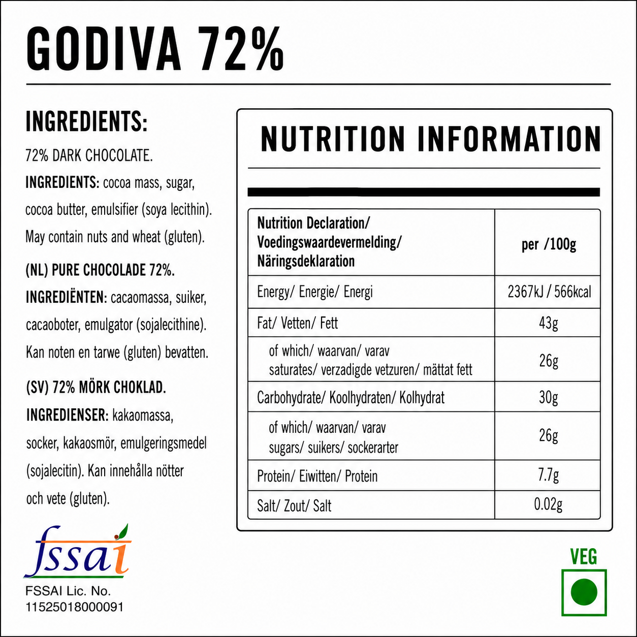 Godiva 72% Dark Chocolate 90gm Imported From Switzerland