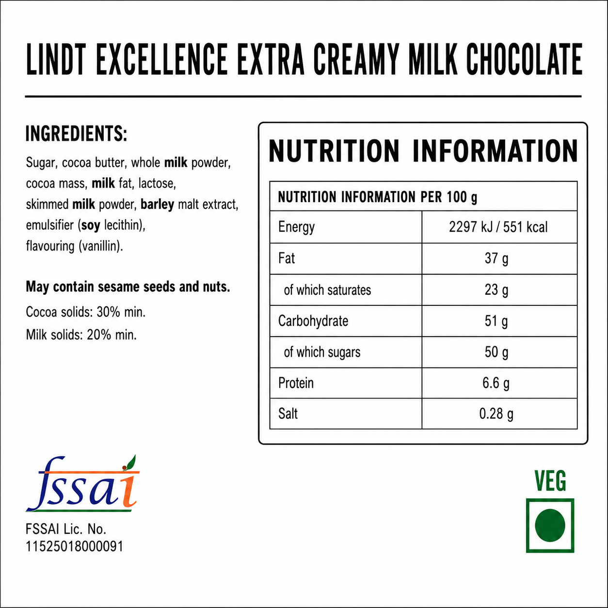 Lindt Excellence Extra Creamy Milk Chocolate 100gm Global Import - Nosh Products