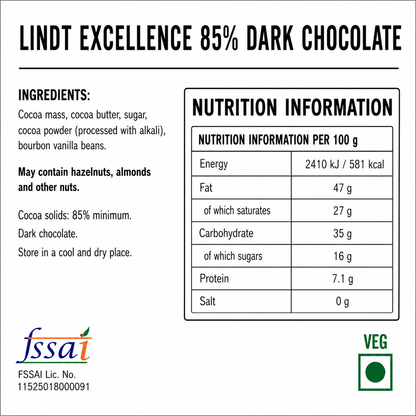 Lindt Excellence 85% Dark Chocolate 100gm Global Import - Nosh Products