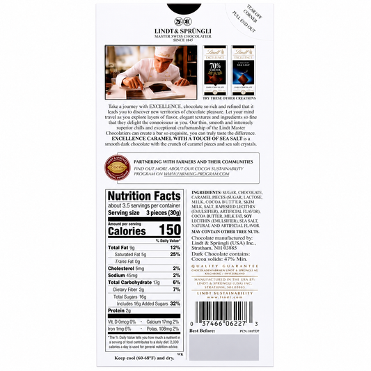Lindt Excellence Caramel With A Touch Of Sea Salt Dark Chocolate 100gm Global Import