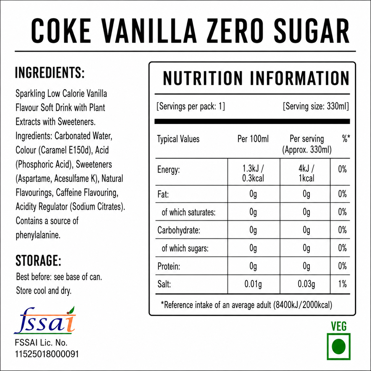 Coke Vanilla Zero Sugar 330ml Imported From UK - Nosh Products