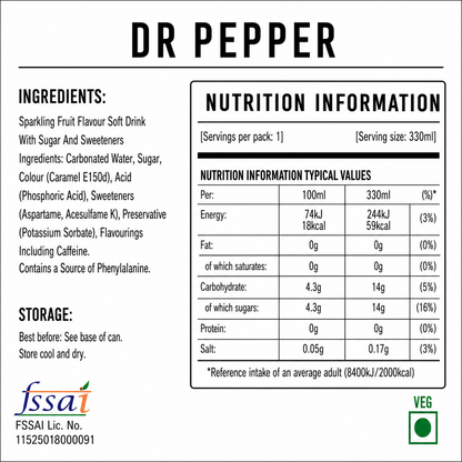 Dr Pepper Soda 330ml Imported From USA/UK - Nosh Products