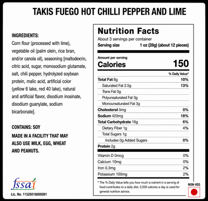 Takis Fuego Hot Chilli Pepper And Lime 113gm Imported From Mexico - Nosh Products