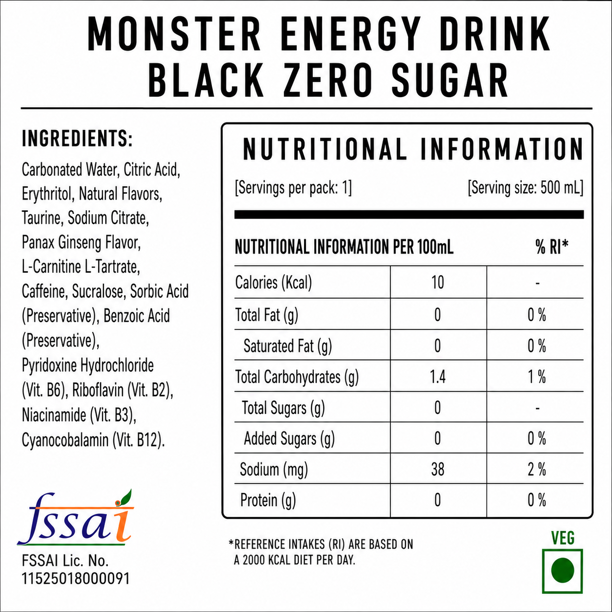 Monster Energy Drink Black Zero Sugar 500ml (Pack Of 4) Imported From UK