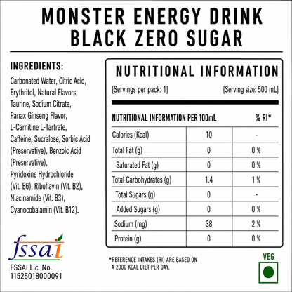 Monster Energy Drink Black Zero Sugar 500ml (Pack Of 4) Imported From UK