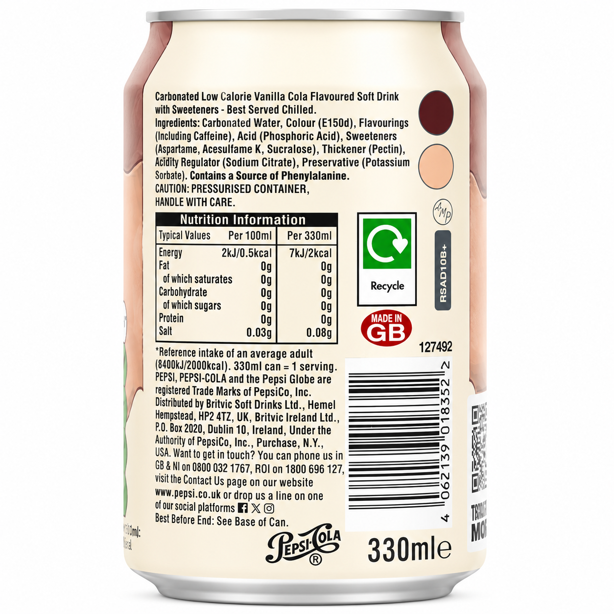 Pepsi Cream Soda Zero Sugar 330ml Imported From UK