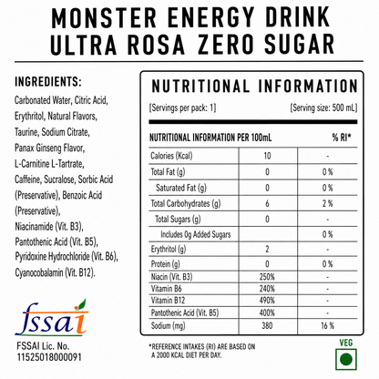 Monster Energy Drink Ultra Rosa Zero Sugar 500ml (Pack Of 4) Imported From UK