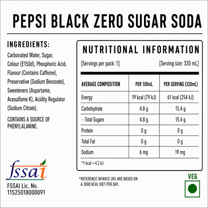 Pepsi Black Zero Sugar Soda 320ml Global Import - Nosh Products