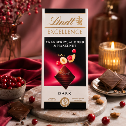 Lindt Excellence Almond,Hazelnut And Cranberry Dark Chocolate 100gm Global Import - Nosh Products
