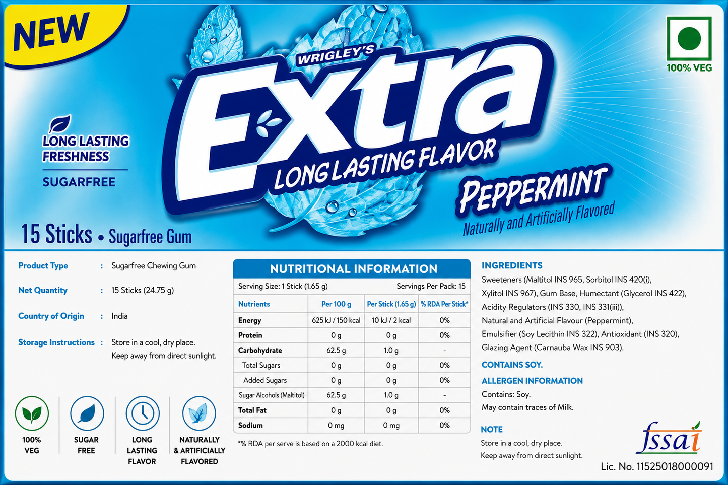 Extra Gum Peppermint Chewing Gum Imported From USA