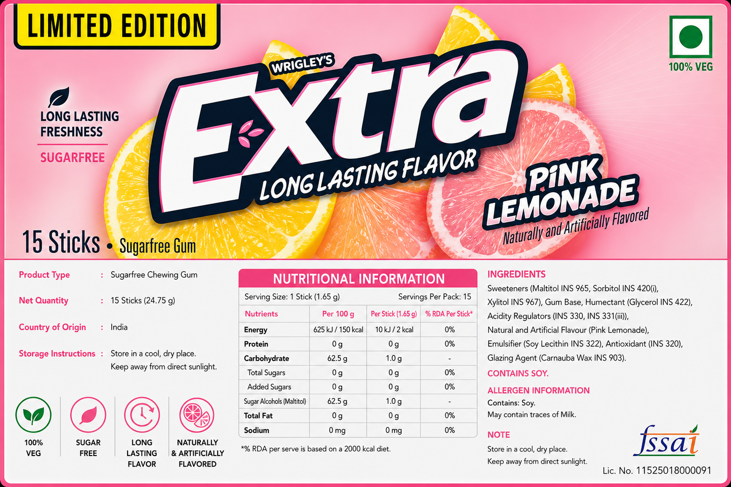 Extra Gum Pink Lemonade Chewing Gum Imported From USA