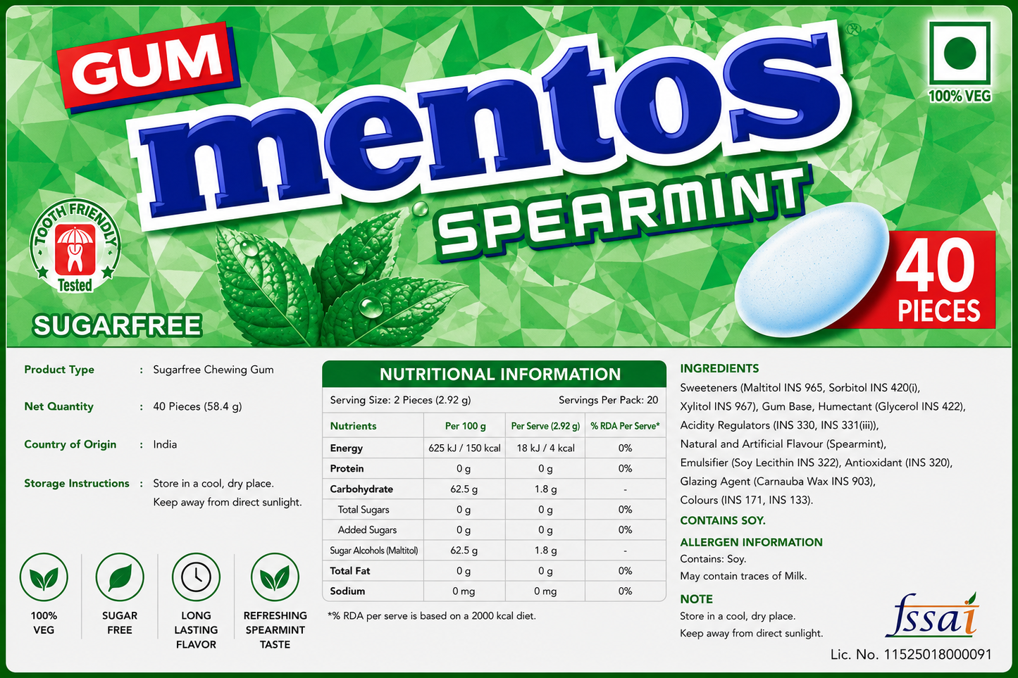 Mentos White Spearmint Chewing Gum Imported From USA/UK - Nosh Products