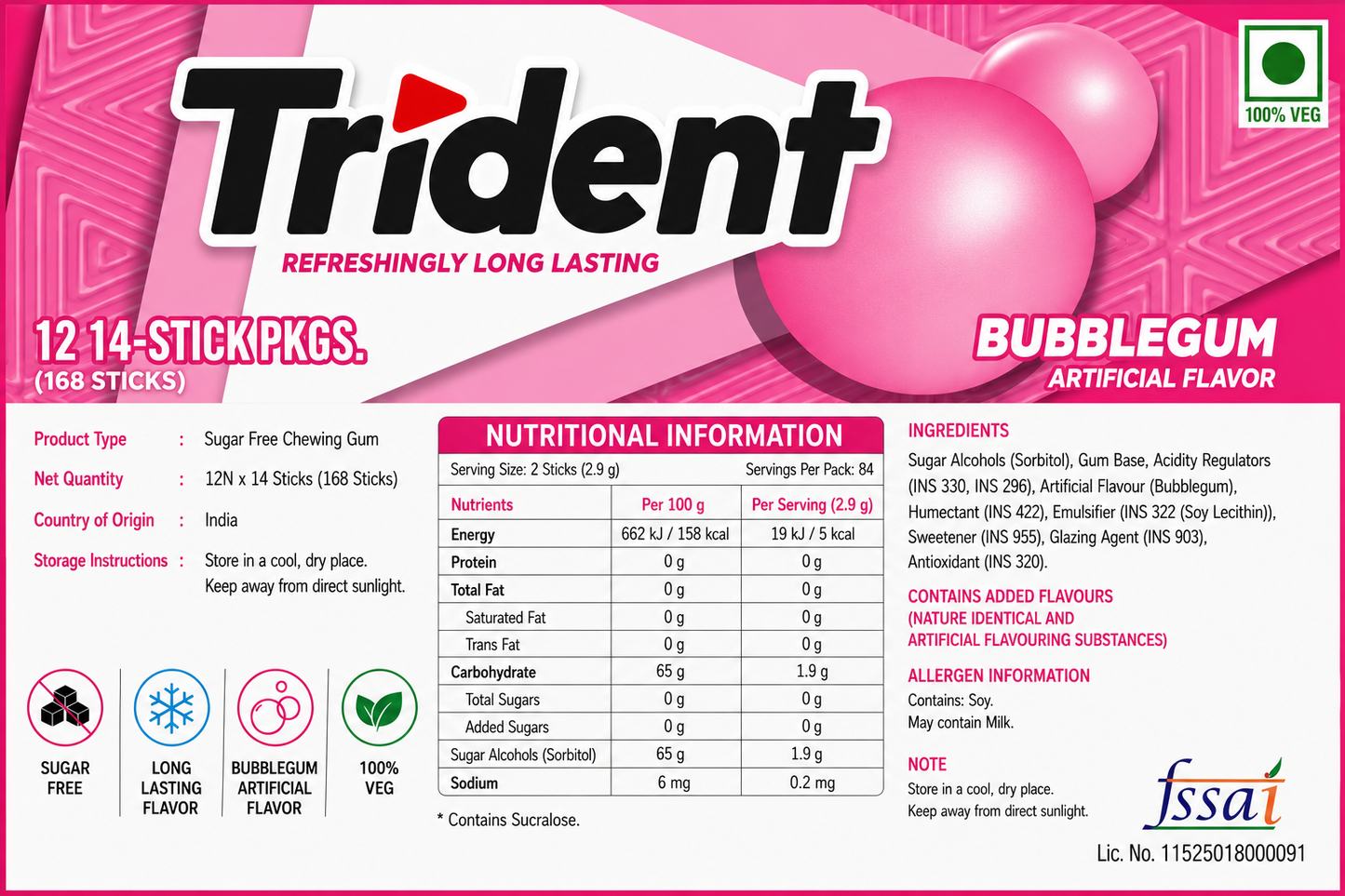 Trident Bubblegum Chewing Gum